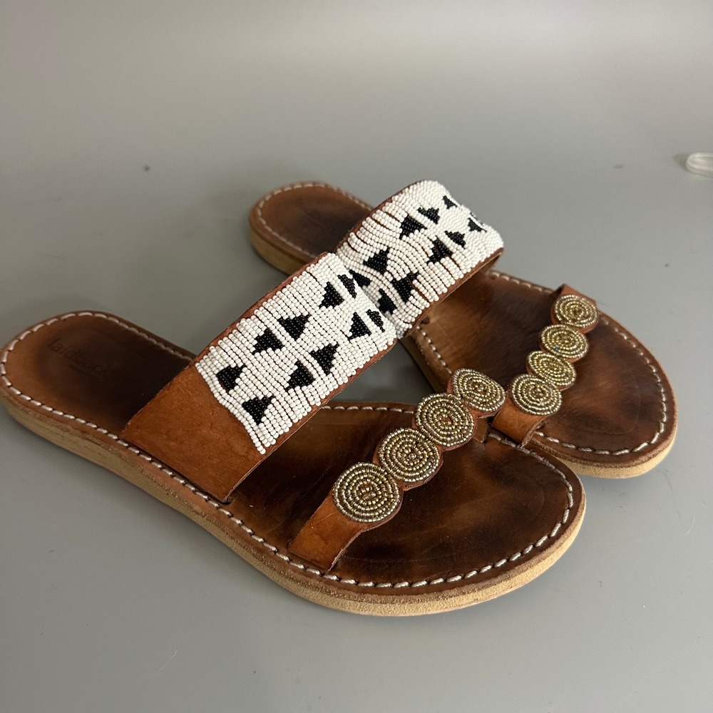 Laidback London Leather Beaded Slide Sandals Brown White Black Size 9 EU 39